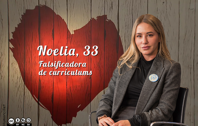 Puede ser una imagen de 1 persona, corazón y texto que dice "Noelia, 33 Falsificadora de curriculums PP OO"